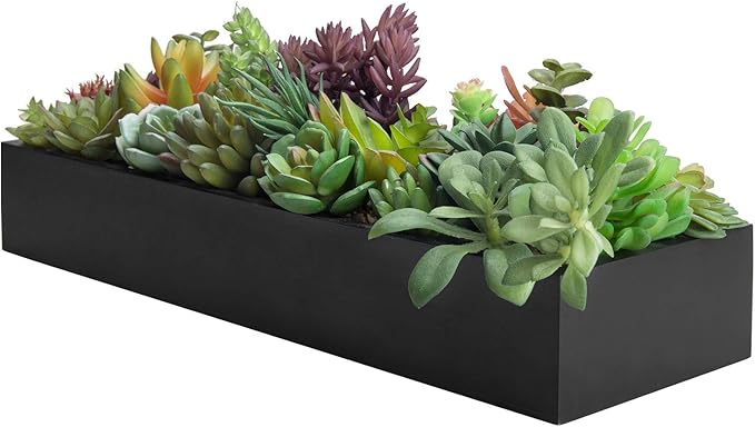 MyGift Artificial Succulent Centerpiece,15.75 Inch Faux Succulents Arrangement Plants in Sleek Black Wooden Rectangular Planter Box