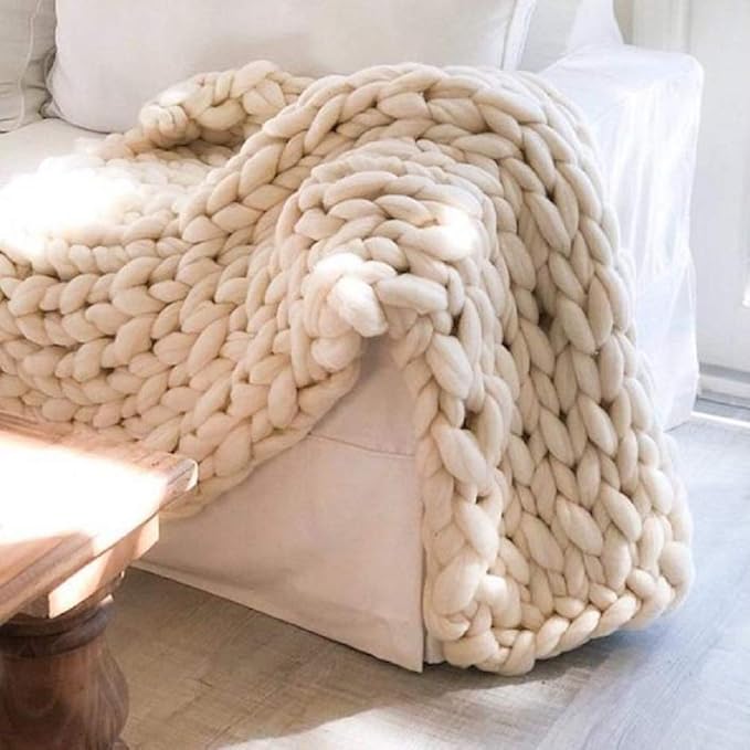 Chunky Knit Blanket Hand Made Merino Wool Throw Boho Bedroom Sofa Home Decor Giant Yarn(Ivory White 60"x80")