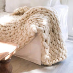 Chunky Knit Blanket Hand Made Merino Wool Throw Boho Bedroom Sofa Home Decor Giant Yarn(Ivory White 60"x80")