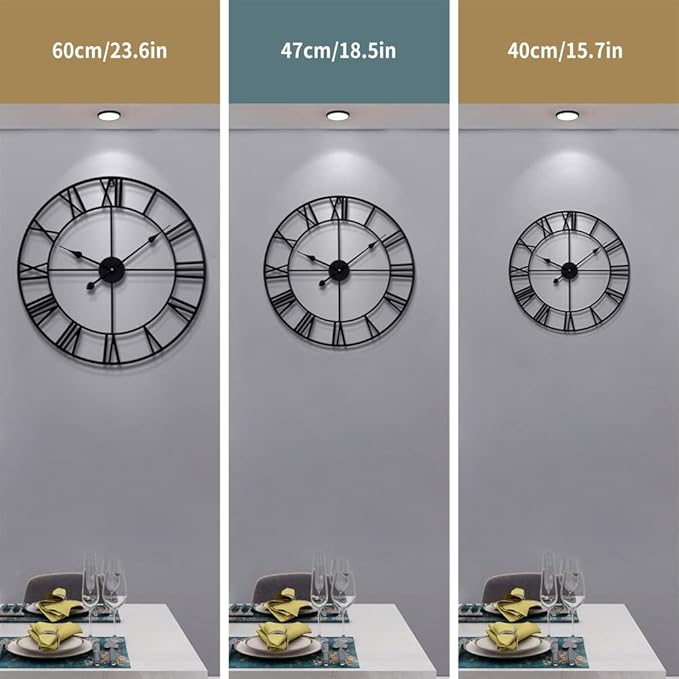 LEIKE Large Wall Clock, 24" Completely Silent, Non Ticking, Battery-Operated,Rustic Round Modern Metal Wall Clock Decor for Living Room, Bedroom and Kitchen, (60cm, Black-Roman Number)