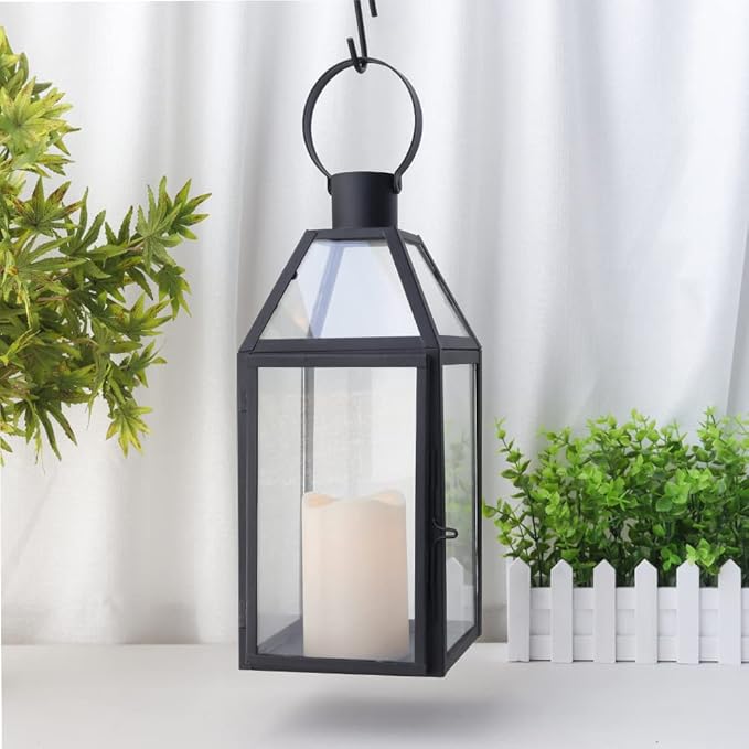 JHY DESIGN Black Decorative Lanterns 16“H Decorative Candle Lantern with Tempered Glass for Indoor Outdoor Events Parities and Weddings
