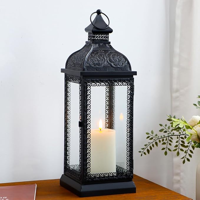 TRIROCKS Rustic Style Metal Candle Lantern 19'' High Decorative Hanging Lantern Candle Holder with Tempered Glass for Christmas Living Room Garden Yard Patio Parties Events Indoors Outdoors(Black)