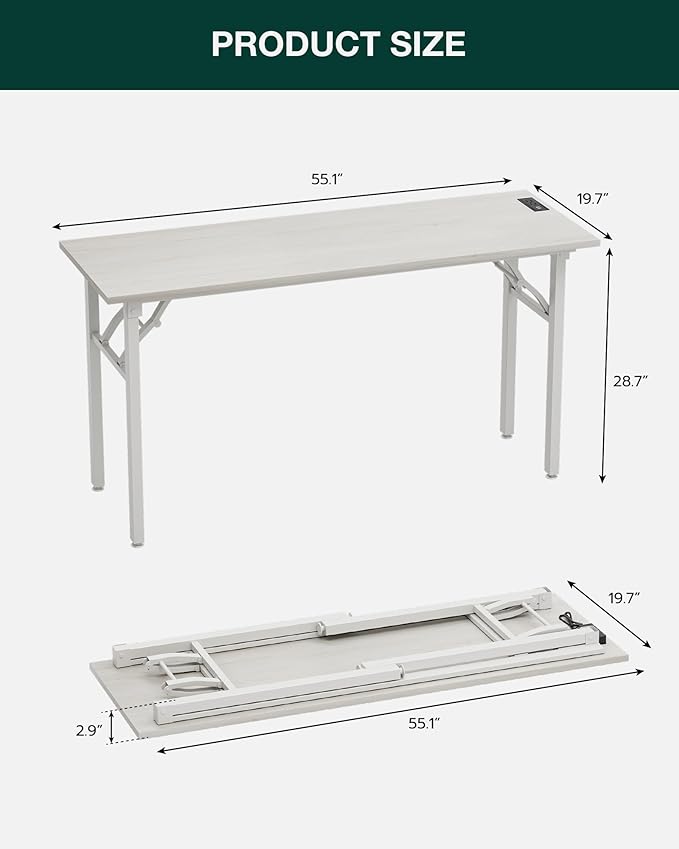 Frylr Small Folding Computer Desk – 55.1 Inch Portable Table for Craft and Study, Lightweight Desk for Small Spaces, Foldable Laptop Table Built-in AC/USB Outlets for Convenience, White Ash