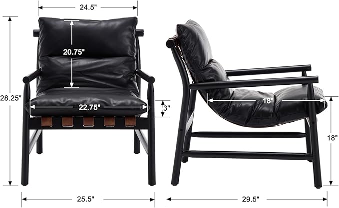 Modern Sling Accent Chairs Set of 2 - Black PU Leather Upholstered