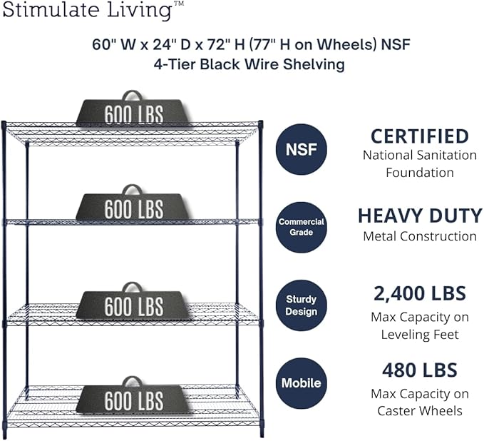 60"x24"x72" PRIME HEAVY DUTY Black 4-Tier Wire Shelving NSF 2400 LBS MAX Capacity Storage Rack for Commercial, School, Home, Garage, Warehouse, Industrial, and Hospital Uses (with Wheels)
