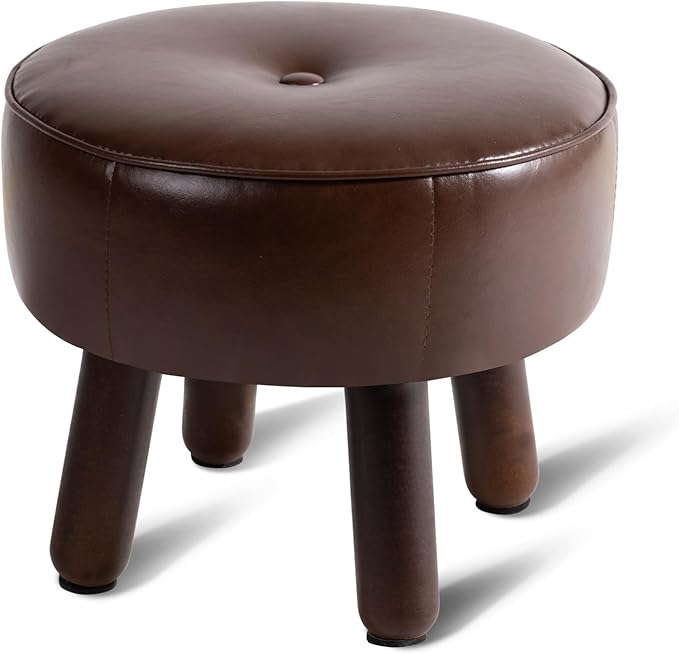 Small Foot Stool Ottoman, Round Pouf Foot Rest, Footstool Ottomans with Rubber Legs Under Desk, Faux Leather Footrest for Couch, Living Room, Bedroom, Office, 13''L x 13''W x 10.2''H, Coffee