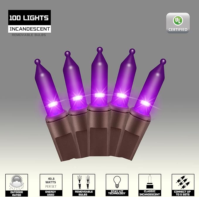 100LIGHTS Purple Extra-Bright with End Connectors Halloween Decorative Lights 5.98m UL Certified Mini String Light Set Waterproof for Halloween Home Garden Christmas Tree Party Patio Wedding