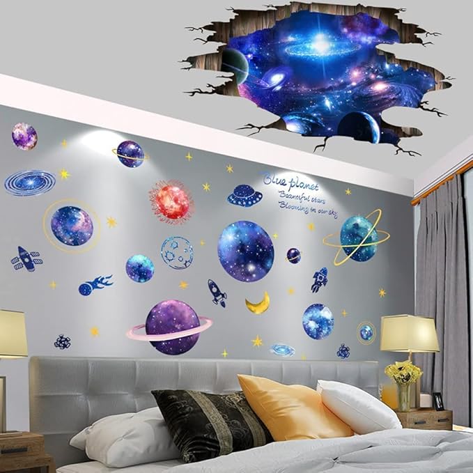Quanhaigou Blue Purple Galaxy Wall Decals, Removable Sticker,The Art Magic 3D Milky Way Cosmic Stars Spacecraft Dreamscape Home Decor for Bedroom Living Room Floor Ceiling Kids Room