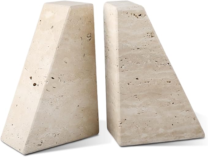 Travertine Bookends for Heavy Books, Marble Decorative Bookends for Shelves, Heavy-Duty Stone Book Ends for Hardback Book & Cookbooks, Unique Book Stopper & Holder, Travertino Italy