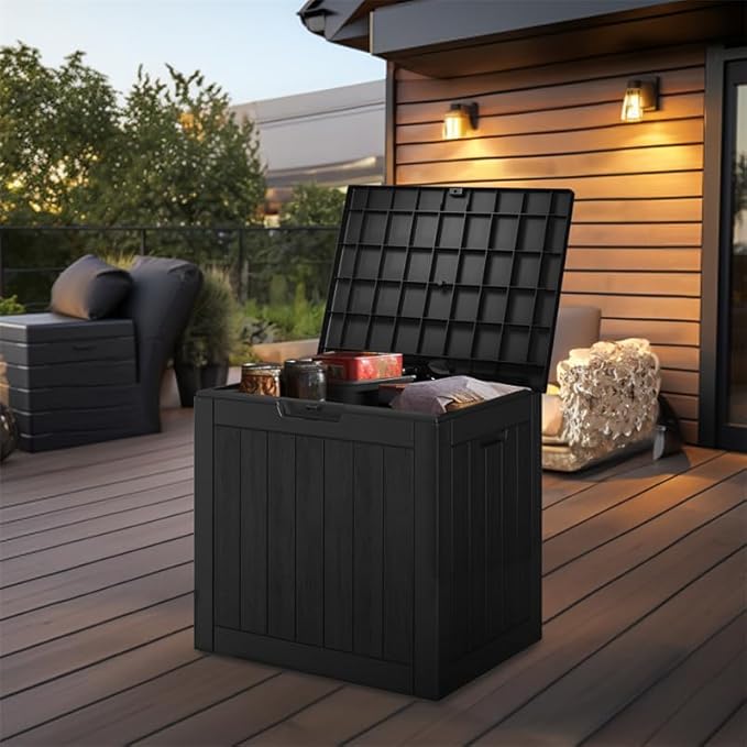 30 Gallon Resin Deck Box,Lockable Outdoor Storage Box for Patio Cushions Storage Furniture,Garden Tools,Pool Supplies, Weatherproof and UV Resistant- Black