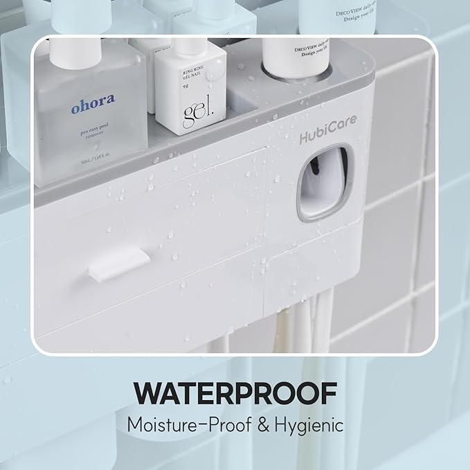 HubiCare Toothbrush Holder with Toothpaste Dispenser Wall Mounted for Bathroom, Automatic Toothpaste Squeezer, Bathroom Organization and Storage, 5 Toothbrush Slots (3 Cups)
