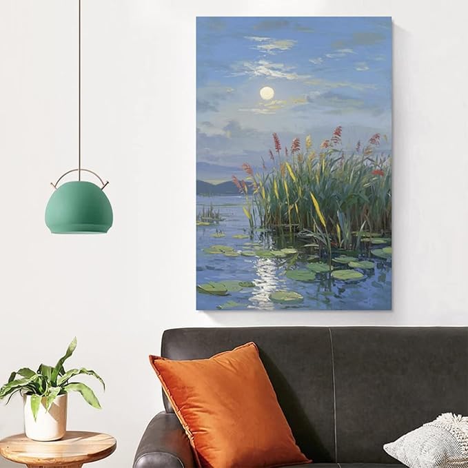 Landscape poster artwork art poster natural landscape painting reed marsh under the moonlight suitable for living room bedroom home wall