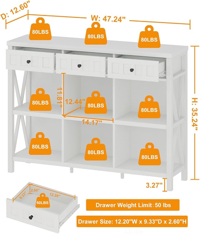 FATORRI 6 Cube Storage Bookshelf with 3 Drawers - White Oak 47"