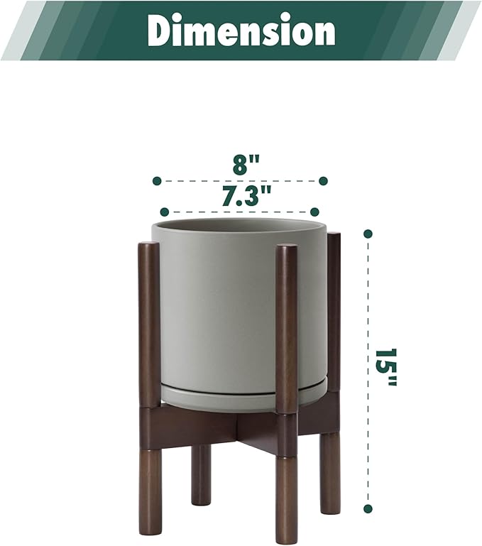 D'vine Dev Ceramic Planter with Walnut Color Stand - 8 Inch Modern Round Flower Pot with Wood Planter Holder, Grey, 55-B-Y-3