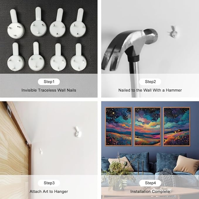 KAIRNE Framed Abstract Midnight Canvas Wall Art,Starry Night Prints Set of 3(16”X24”),Colorful Wildflowers Wall Decor,Nature Night Scene Paintings for Living Room Bedroom office Farmhouse Decoration