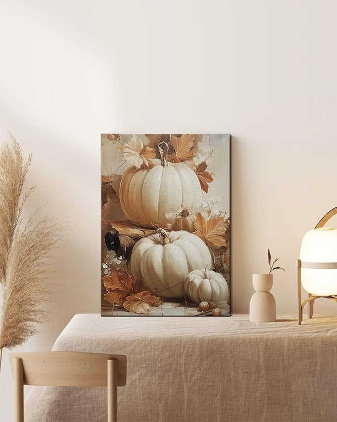 Rustic Autumn Pumpkin Wall Art Decor, Framed Vintage Thanksgiving Decorations, Fall Canvas Wall Art for Home, Kitchen and Living Room, Cozy Fall Decor Picture Print Ready to Hang