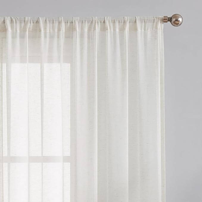 FMFUNCTEX Linen Sheer Curtains for Bedroom, Beige Curtains 63 inch Length for Living Room, Natural Flax Blend Window Draperies for Farmhouse Curtain, Rod Pocket 2 Panels
