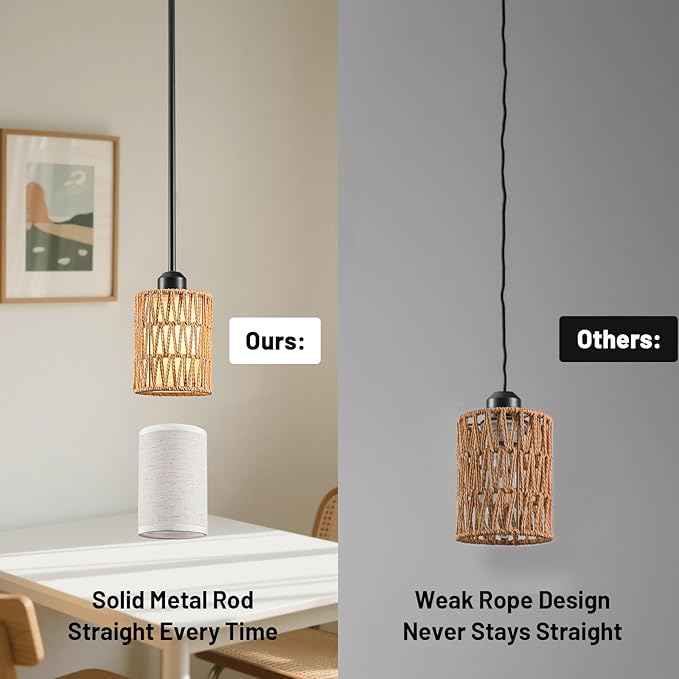 Pendant Light Boho Hanging Lamp, Rattan Hanging Lights with 2 in 1 Linen & Woven Shade, Ceiling Light Fixtures for Kitchen Island, Dining Room, Farmhouse, Bedroom (1 Pack)