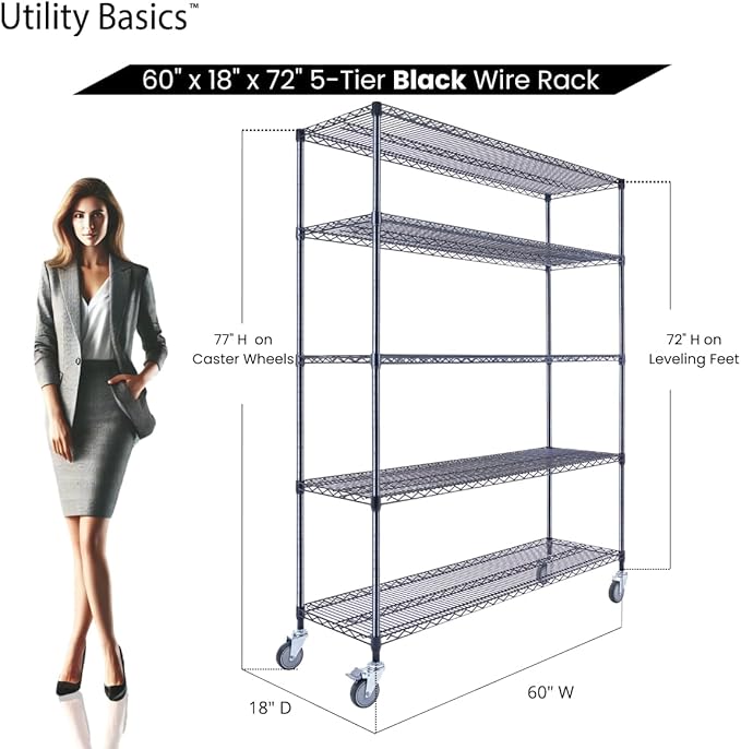 60"x18"x72" Black 5-Tier Premium Wire Shelving NSF 4000 LBS MAX Capacity Heavy Duty Steel Storage Rack for Warehouses, Garages, Hospitals, Commercial Spaces, & Schools w/Premium Wheels