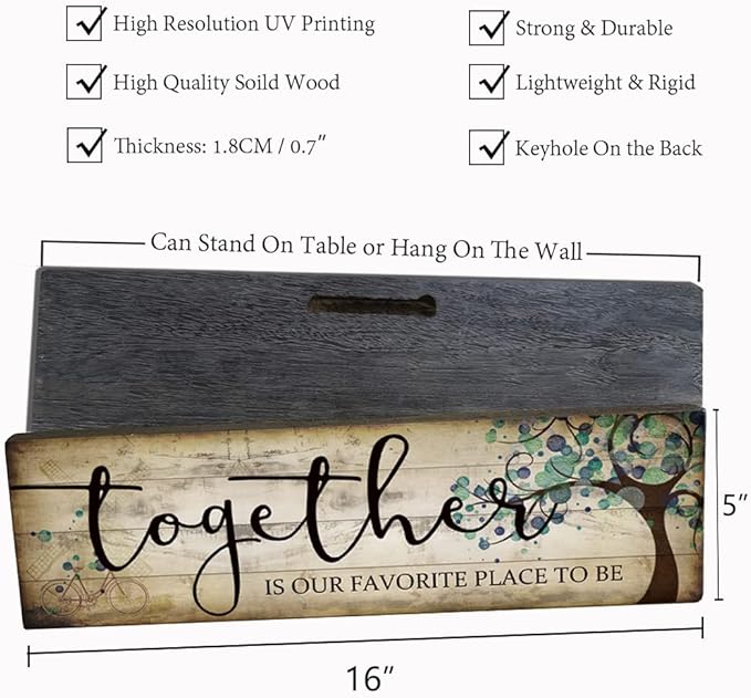 Family Art Decor Inspirational Quotes Wall Hanging Sign - Together is Our Favorite Place to Be - Motivational Home Art Decor Wood Plaque Sign 16"x5"