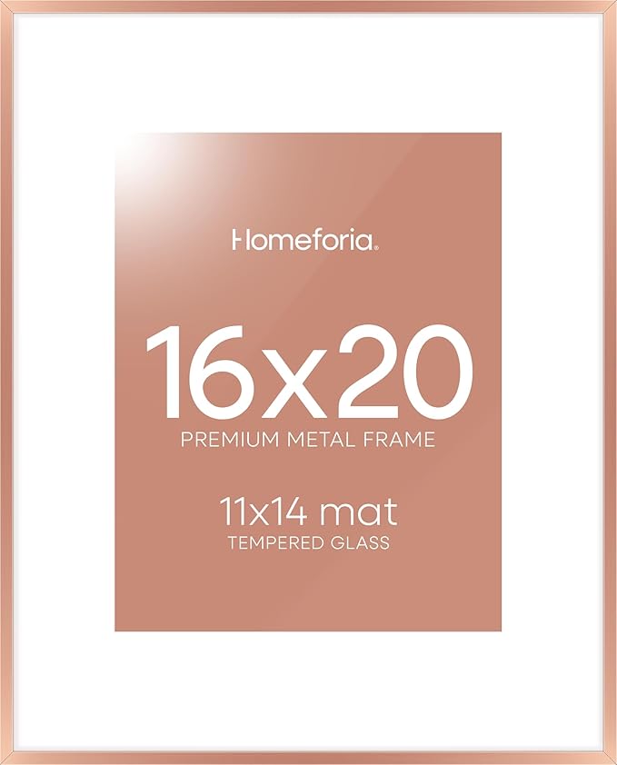 Homeforia Picture Frames 16x20 Rose Gold, High End Metal 16x20 Poster Frame with Mat 11x14 inch Photo, 16 x 20 Rose Gold Frame Matted to 11 by 14 Print, 20x16 Frame, Tempered Glass, Wall Kit, Set of 1