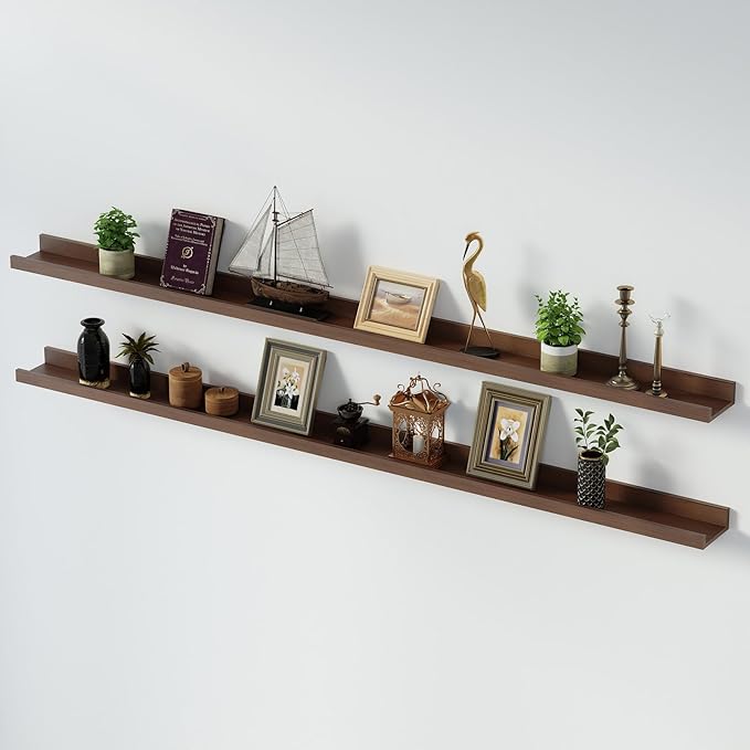 SAUMONIERES Picture Ledge Shelf Floating Book Shelves Set of 2 Wall Mounted Solid Wood for Bedroom Bathroom Living Room Kitchen, 72 Inch Walnut