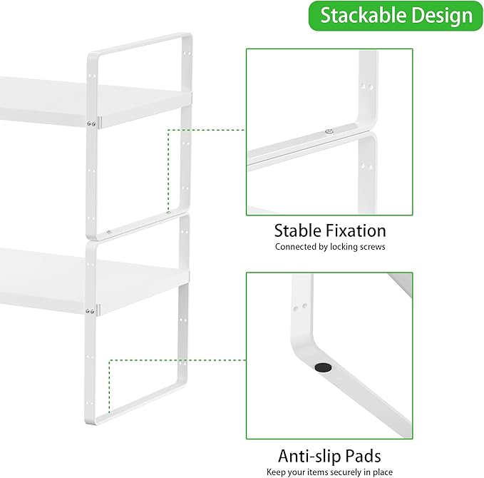 Expandable Cabinet Storage Shelf Stackable Organizer Rack for Kitchen Bathroom Pantry Spice Cupboard Countertop Home Office Desk Heavy Duty Nonslip White Large 1 Pack