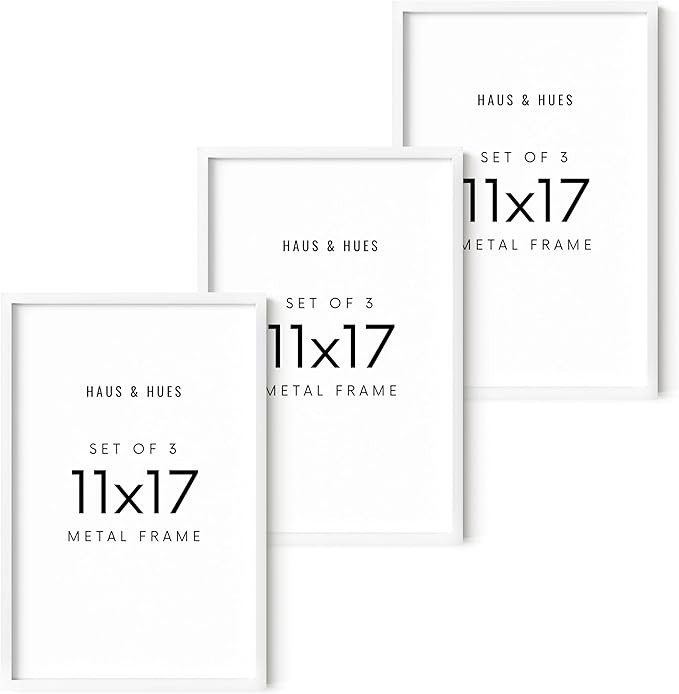HAUS AND HUES 11x17 White Metal Picture Frames - Features Premium Aluminum, Vertical & Horizontal Hang, Shatterproof Plexiglass - Perfect for Home, Room, Office (11x17 in, White, Set of 3)