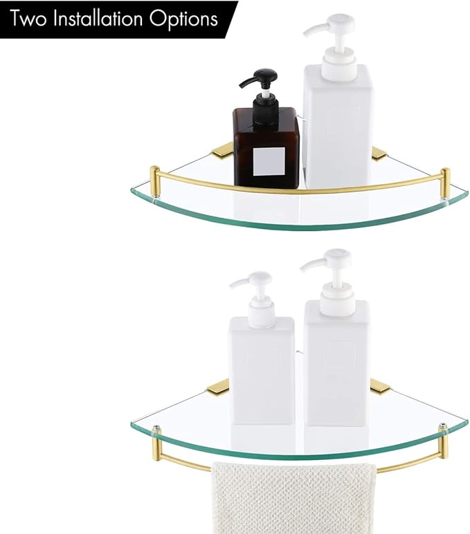 KES Glass Corner Shelf Bathroom Shelf Tempered Glass with Rail SUS 304 Stainless Steel Floating Wall Mount Bracket Brushed Gold, BGS2101A-BZ