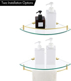 KES Glass Corner Shelf Bathroom Shelf Tempered Glass with Rail SUS 304 Stainless Steel Floating Wall Mount Bracket Brushed Gold, BGS2101A-BZ