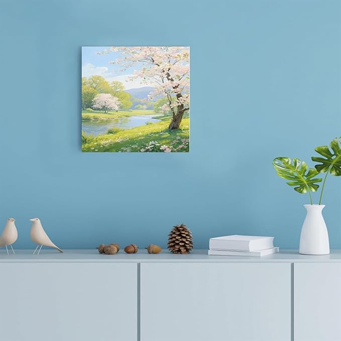 The scenery of a stream between trees and cherry blossoms under the blue sky is suitable for posting in the living room bedroom office landscape posters