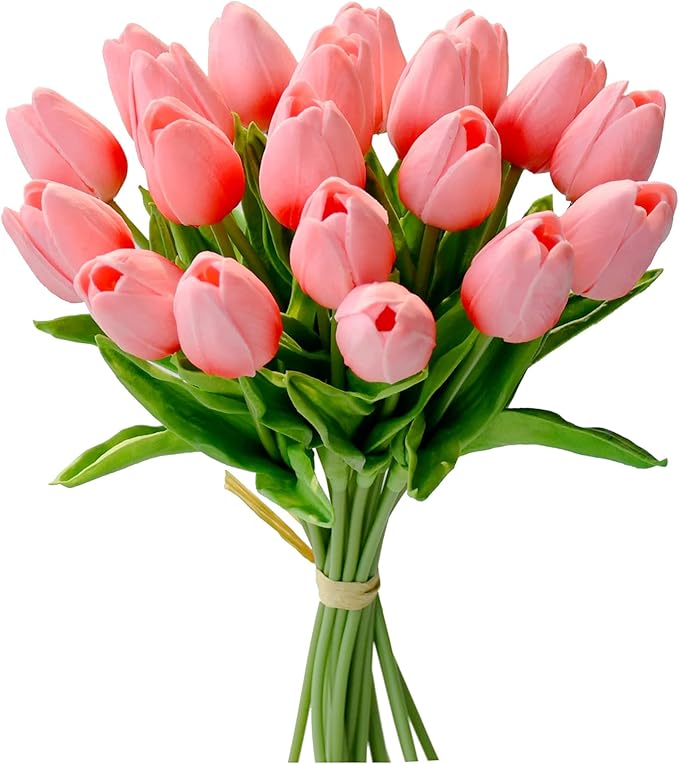 Mandy's Artificial Tulips 20 Stems Coral PU Faux Flowers for Wedding Home Decor 13.5 Inch