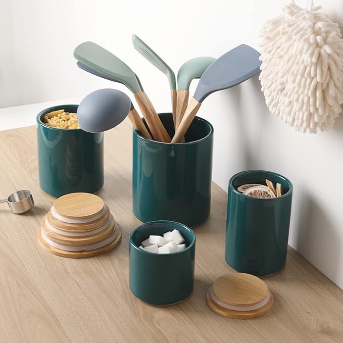 Sweejar Ceramic Kitchen Canister Sets, Porcelain Container for Countertop, Heavy Food Storage Jars with Airthight Seal Bamboo Lid, Servering for Sugar, Coffee Beans, Tea Leaves, Pack of 4（Jade）