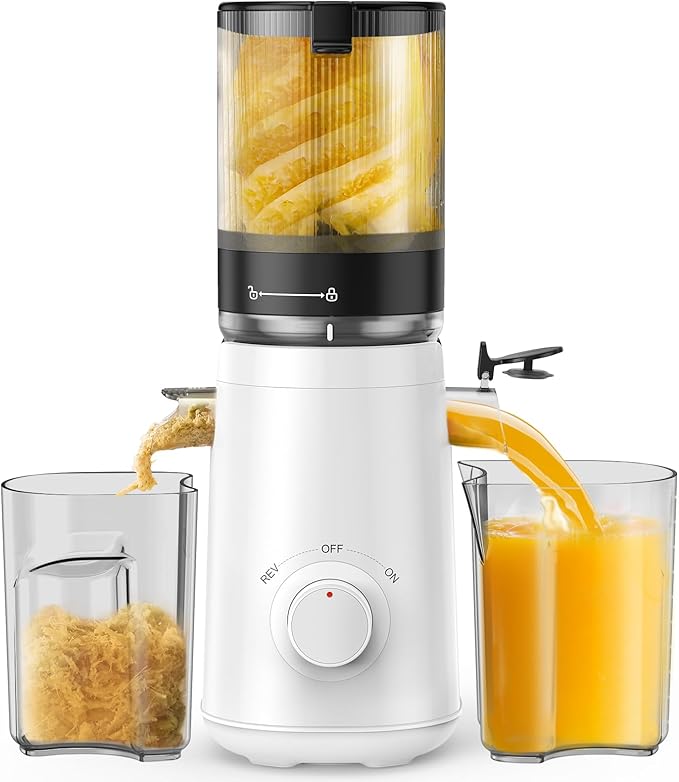 Juicer Machines, TUUMIIST Cold Press Juicer with 5.3" Extra Large Feed Chute Fit Whole Fruits & Vegetables Easy to Clean, High Juice Yield, BPA Free (White)