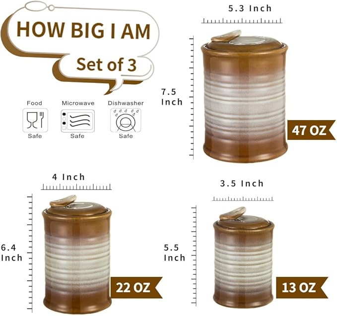 Nihow Ceramic Food Storage Jar Sets: Container with Air Tight Ceramic Lid for Flour/Sugar/Rice/Coffee/Cookies/Candy - Seal Damp-proof Canister for The Kitchen - Set of 3 （Brown）