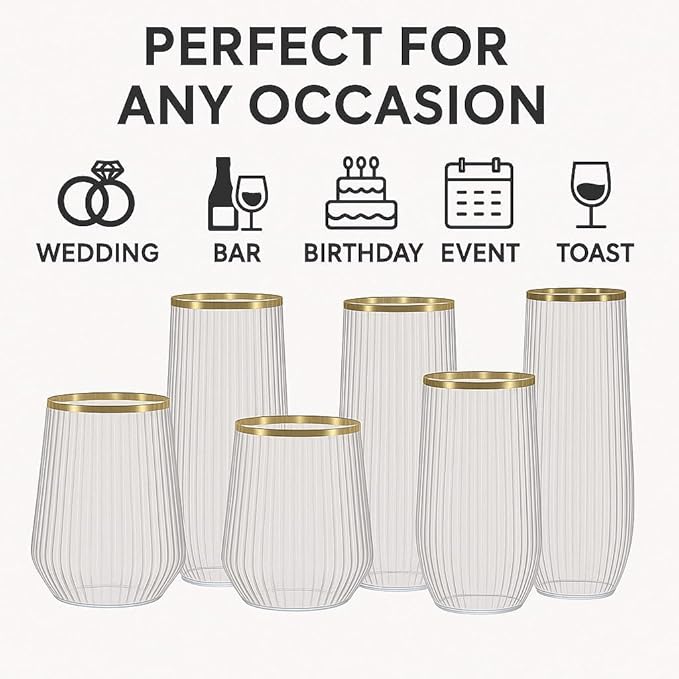 24 Pack Ribbed Origami Ripple Plastic Glasses, 12-9 Ounce Stemless Champagne Flutes & 12-12 Ounce Cups, BPA-Free Disposable Shatterproof Toasting Glasses for Weddings, Bars, and Events (Gold Rim)