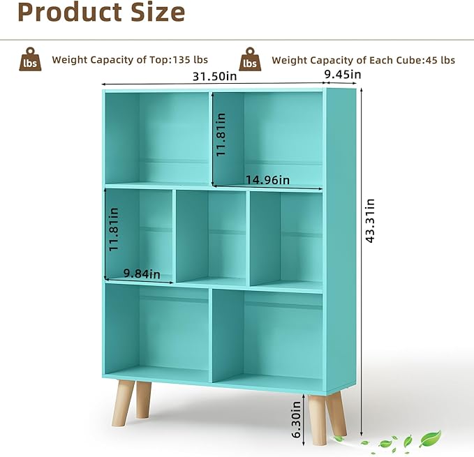 LEYAOYAO 7 Cube Bookshelf 3-Tier - Mint Green