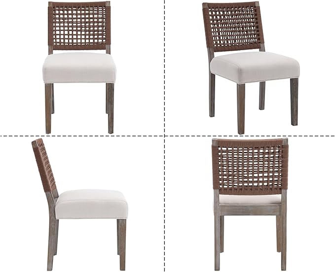 Kmax Farmhouse Dining Chairs Set of 2, Rustic Kitchen Chairs with Linen Fabric Seat and Woven Back, Vintage Accent Chairs for Dining Room, Living Room, Beige