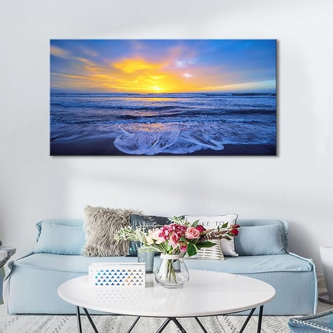 Wall Art Decor Large Sunset Canvas Print Picture Sunrise Ocean Beach Waves Scenery Modern Painting Artwork for Home Office Living Room Bedroom Decoration Framed Ready to Hang, 20x40Inch