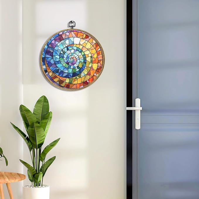 Colorful Boho Rainbow Geometric Spiral Sun Art Gift Framed Round Wall Decor Canvas Wall Art Hanging Prints Artwork for Home Office Porch Nursery Bedroom Living Room Decorations 10.2X10.2 Inch