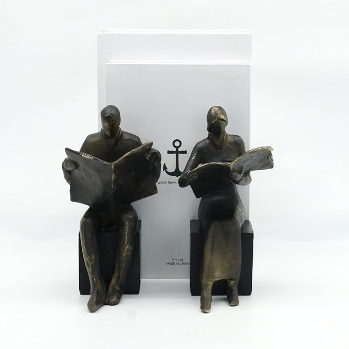Lukitas Decorative Newspaper Reader Bookends, Heavy Duty Book Holder Non-Slip, Vintage Home Décor Accessories for Study Office Bookshelf, Bronze, Resin, 1Pair/2Piece