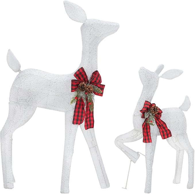 2 Pcs Reindeer Christmas Decoration, Xmas Lighted White Shimmering Doe and Fawn Display Set with 105 Warm White Lights for Yard Lawn Indoor Outdoor