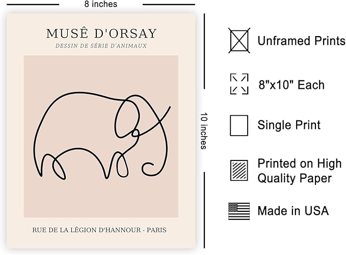 Poster Master Vintage Poster - Retro One Line Elephant Drawing Print - Elephant Art - Minimal Gift for Men, Women, Animal Lover - Abstract Wall Decor for Home, Office - 8x10 UNFRAMED Wall Art