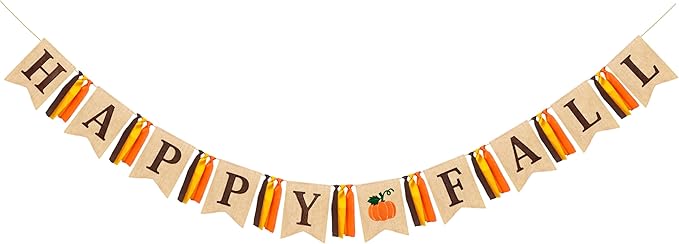 Happy Fall Pumpkin Burlap Pennant Banner Flag Felt Happy Fall Sign and Pumpkin Pattern with Fall Color Ribbon for Fall Autumn Harvest Thanksgiving Day Birthday Baby Shower Party Decorations Supplies