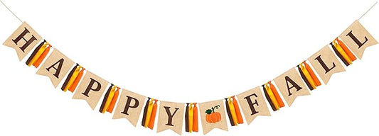 Happy Fall Pumpkin Burlap Pennant Banner Flag Felt Happy Fall Sign and Pumpkin Pattern with Fall Color Ribbon for Fall Autumn Harvest Thanksgiving Day Birthday Baby Shower Party Decorations Supplies
