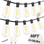 ST38 50FT LED Outdoor String Lights with 25+2 Spare Bulbs, E12 Socket, 2700K Warm White-for Backyard, Wedding, Camping, Porch, Deck, Gazebo, Bistro Decor
