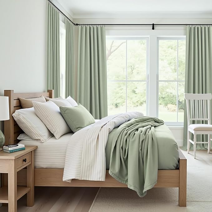 Light Sage Green Linen Textured Blackout Curtains 102 Inch Length 2 Panel Back Tab Sound Draft Cold Sun Blocking Winter Curtains Noise Reducing Retro Moody Drapes Living Room Divider Bedroom 102 Long