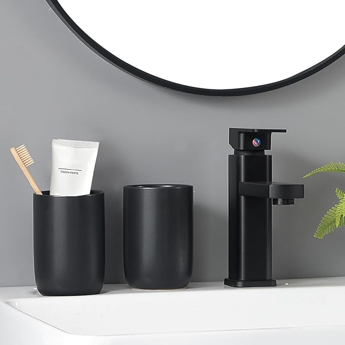 Matte Black Toothbrush Holders for Bathrooms - 1 Cups Ceramic Toothbrush Toothpaste Holders, Black Bathroom Tumbler Cup Reusable Toothbrush Cup Black Mouthwash Cup, Bathroom Counter Organizer