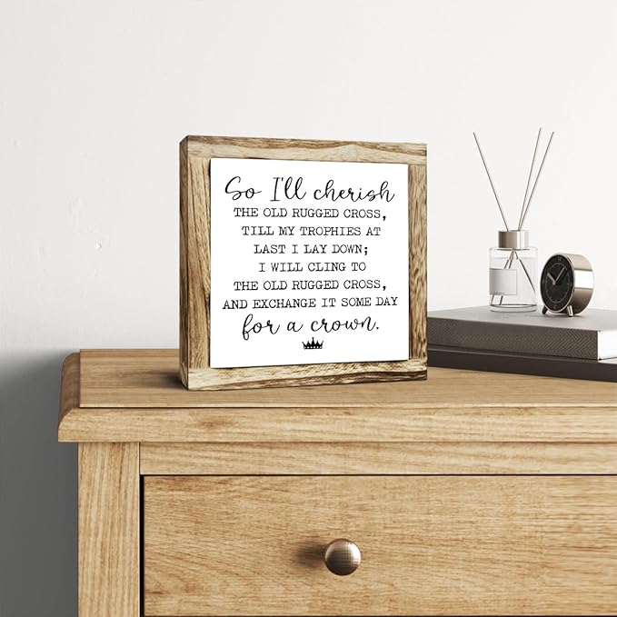 Rustic Wood Sign, So I'll Cherish the Old Rugged Cross Sign, Wooden Plaques Signs Table Decor, Small Wooden Box Signs, Inspirational Desk Decorate, Spiritual Decorate, Shelf Decoration for Home Office