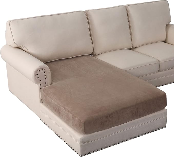 PrinceDeco Sectional Couch Covers Velvet Couch Cover for Dogs Washable L Shaped Couch Cover 1 Piece Individual Sectional Couch Covers with Elastic Bottom(Chaise Lounge,Taupe)